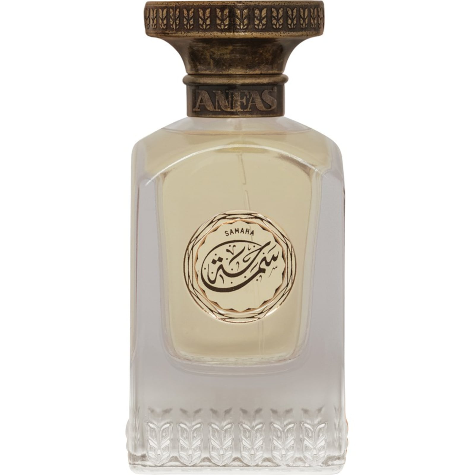 Anfas Samaha Extrait de Parfum 75 ml, matinio stiklo buteliukas su bronziniu dangteliu ir arabiška kaligrafija
