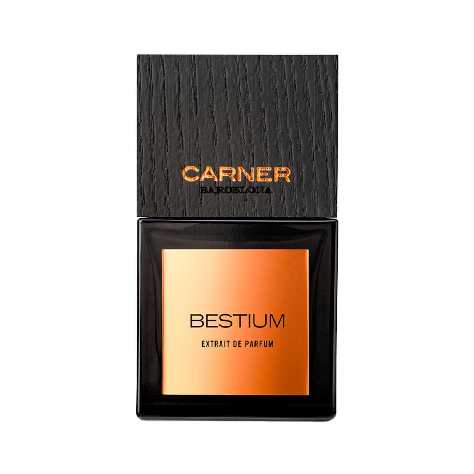 Carner Barcelona Bestium Extrait de Parfum 50 ml, juodo stiklo buteliukas su varine etikete ir ąžuolo dangteliu