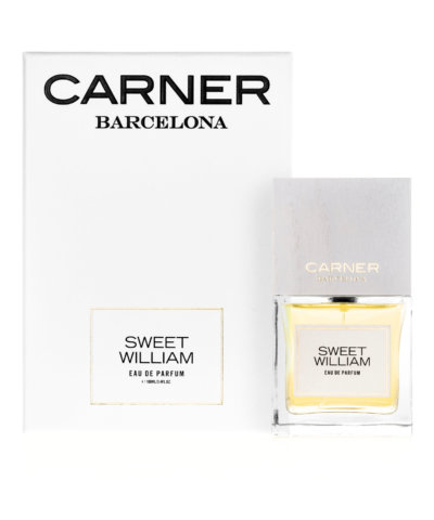 Carner Barcelona Sweet William Eau de Parfum 100 ml, skaidrus buteliukas su balintos medienos dangteliu ir balta dėžute