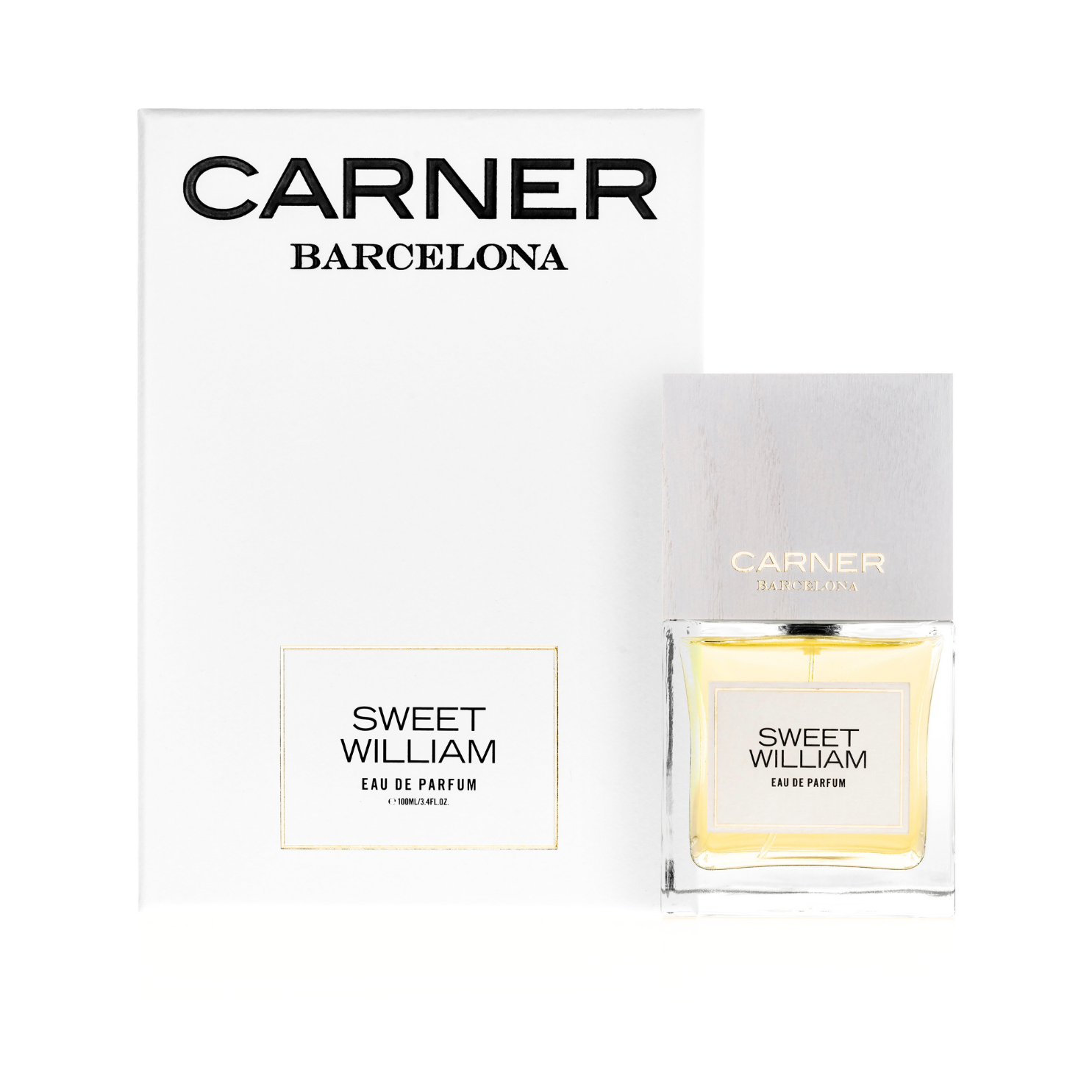 Carner Barcelona Sweet William Eau de Parfum 100 ml, skaidrus buteliukas su balintos medienos dangteliu ir balta dėžute