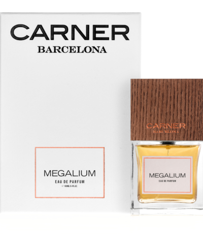 Carner Barcelona Megalium Eau de Parfum 100 ml, läbipaistev pudel tammekorgi ja valge karbiga