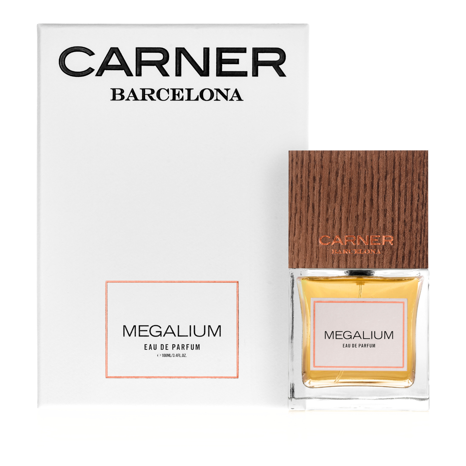 Carner Barcelona Megalium Eau de Parfum 100 ml, läbipaistev pudel tammekorgi ja valge karbiga