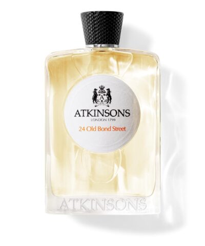 Atkinsons 24 Old Bond Street Eau de Cologne 100 ml, skaidrus buteliukas su balta apvalia etikete ir juodu pintu kamščiu