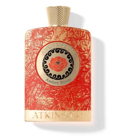 Atkinsons Ambre Royal Parfum Intense 100 ml, raudonas buteliukas su auksiniu medalionu ir aukso lapelio raštu
