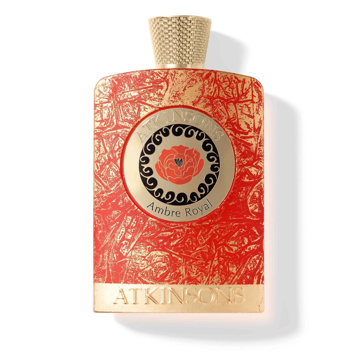 Atkinsons Ambre Royal Parfum Intense 100 ml, raudonas buteliukas su auksiniu medalionu ir aukso lapelio raštu