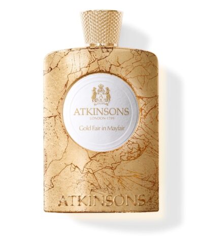 Atkinsons Gold Fair in Mayfair Eau de Parfum 100 ml, auksinis buteliukas su aukso lapelio raštu ir balta etikete