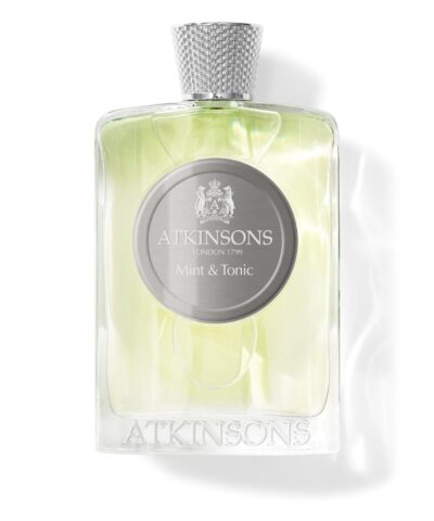 Atkinsons Mint & Tonic Eau de Parfum 100 ml, skaidrus buteliukas su žalsvu skysčiu ir sidabriniu pintu dangteliu