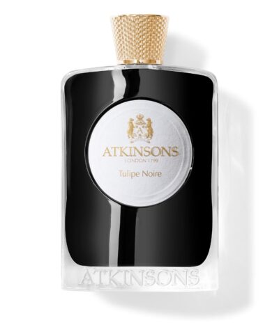 Atkinsons Tulipe Noire Eau de Parfum 100 ml, juodas buteliukas su balta apvalia etikete ir auksiniu dangteliu