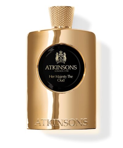 Atkinsons Her Majesty The Oud Eau de Parfum 100 ml, blizgus auksinis buteliukas su juodu medalionu