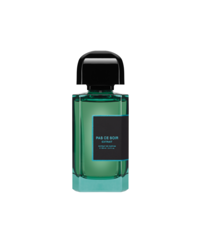 BDK Parfums Pas Ce Soir Extrait de Parfum 100 ml, smaragdo spalvos buteliukas su juoda etikete ir žydru apvadu