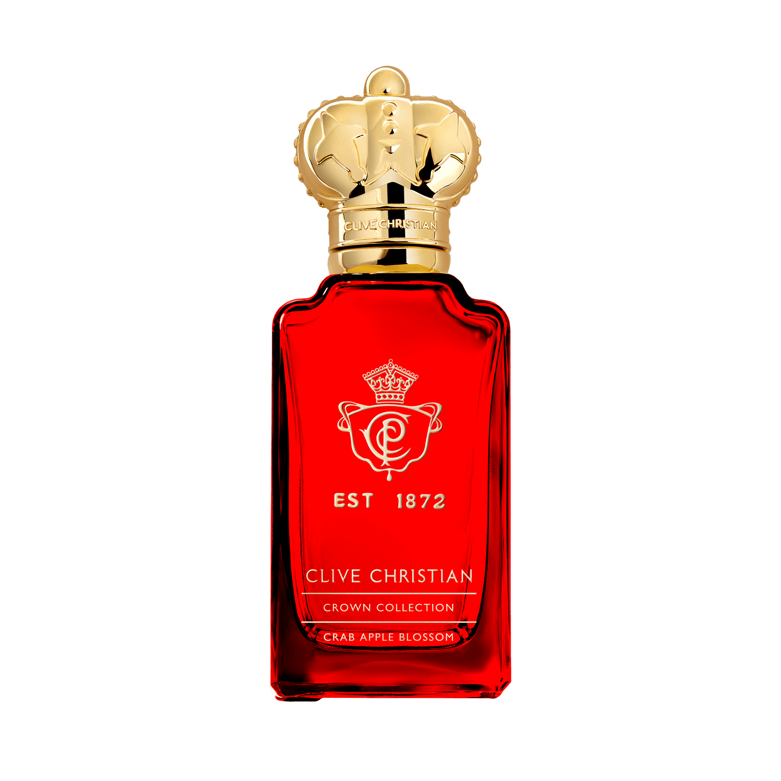 Clive Christian Crab Apple Blossom Eau de Parfum 50 ml, ryškiai raudono stiklo buteliukas su auksiniu karūnos kamšteliu