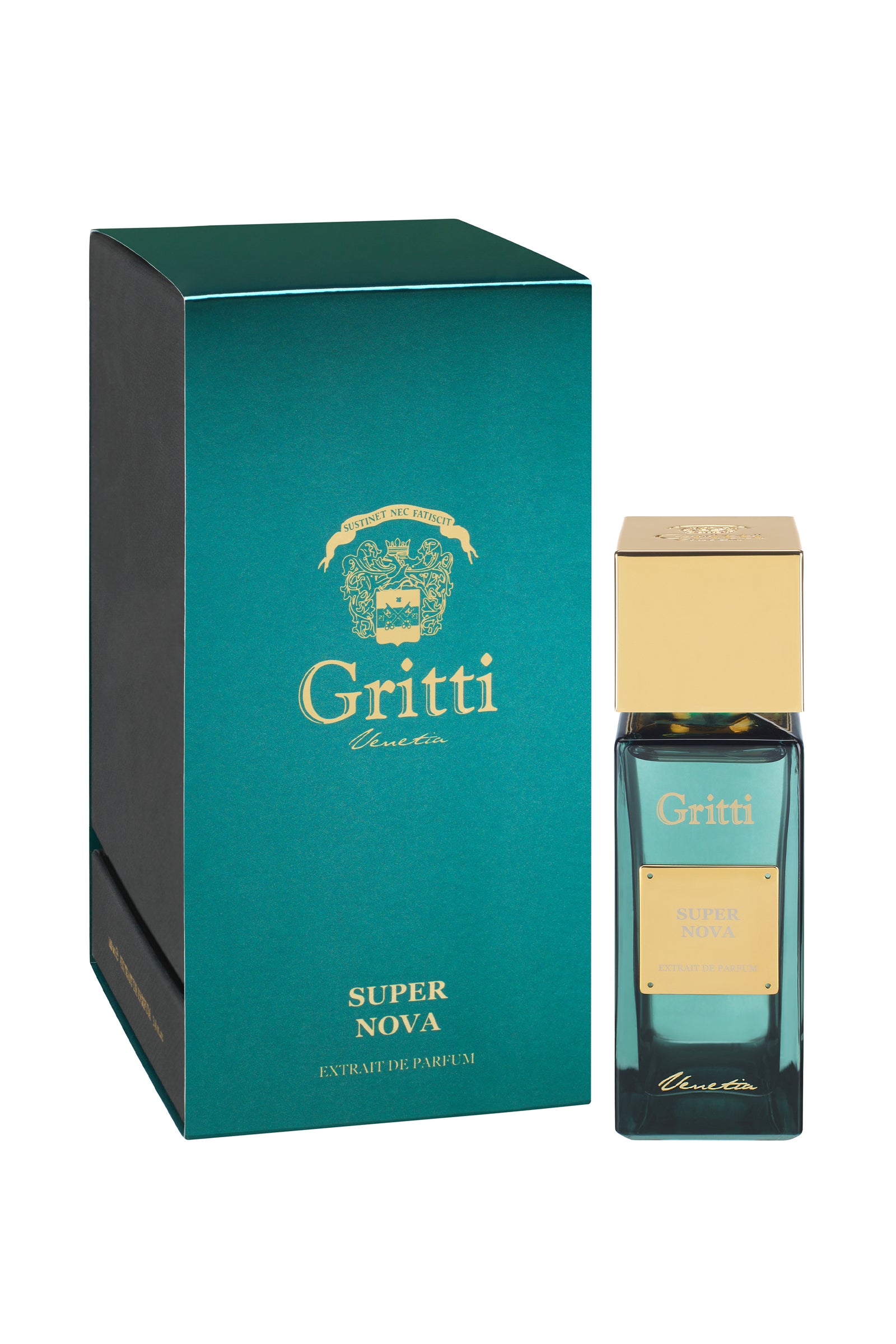 Gritti Super Nova Extrait de Parfum 100 ml žalia dėžutė ir buteliukas ant balto fono