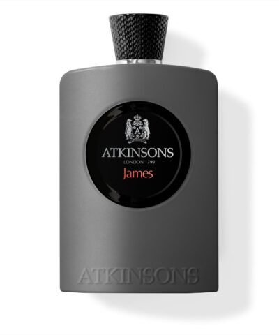 Atkinsons James Eau de Parfum 100 ml, grafito pilkas matinis buteliukas su juodu medalionu ir raudonu užrašu