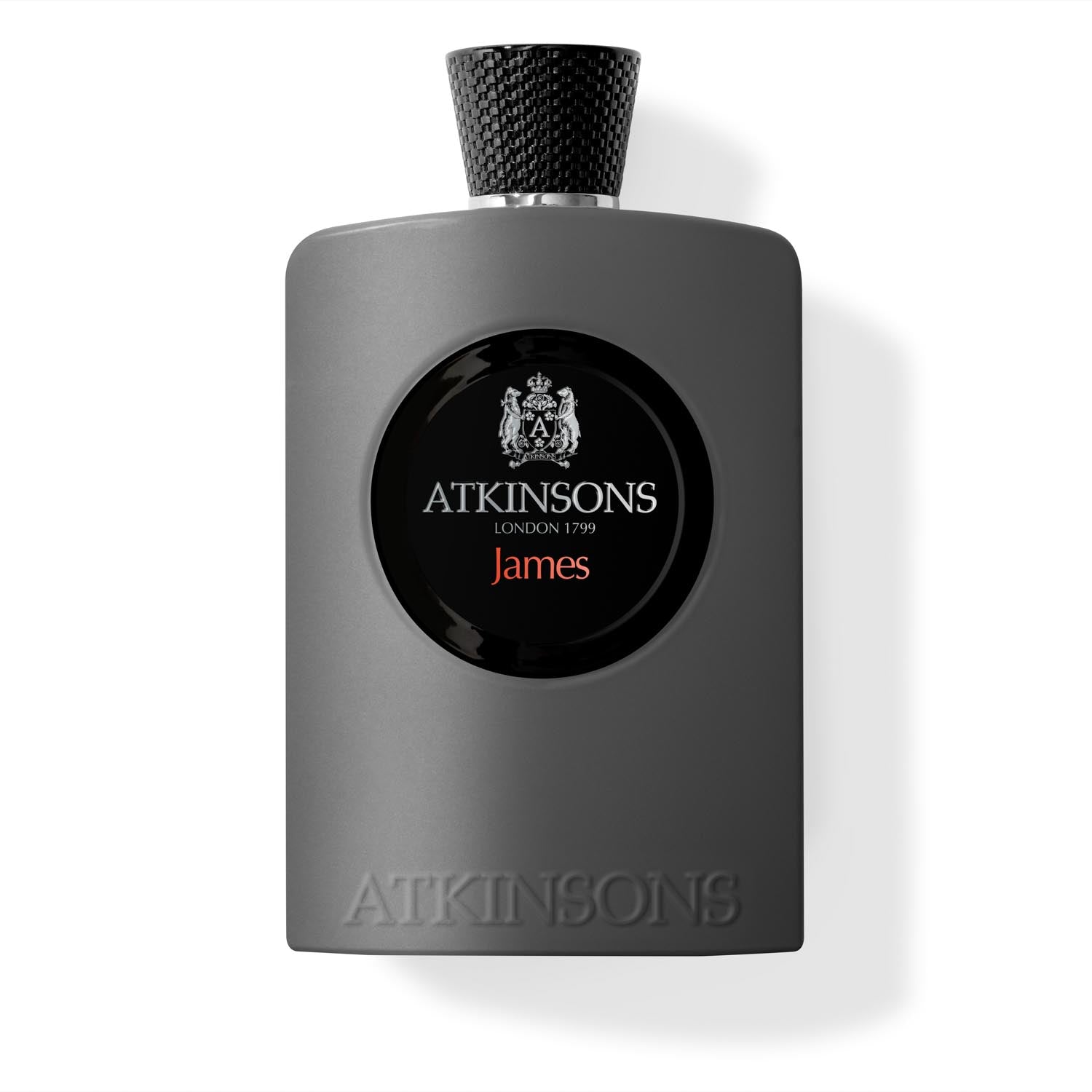 Atkinsons James Eau de Parfum 100 ml, grafito pilkas matinis buteliukas su juodu medalionu ir raudonu užrašu