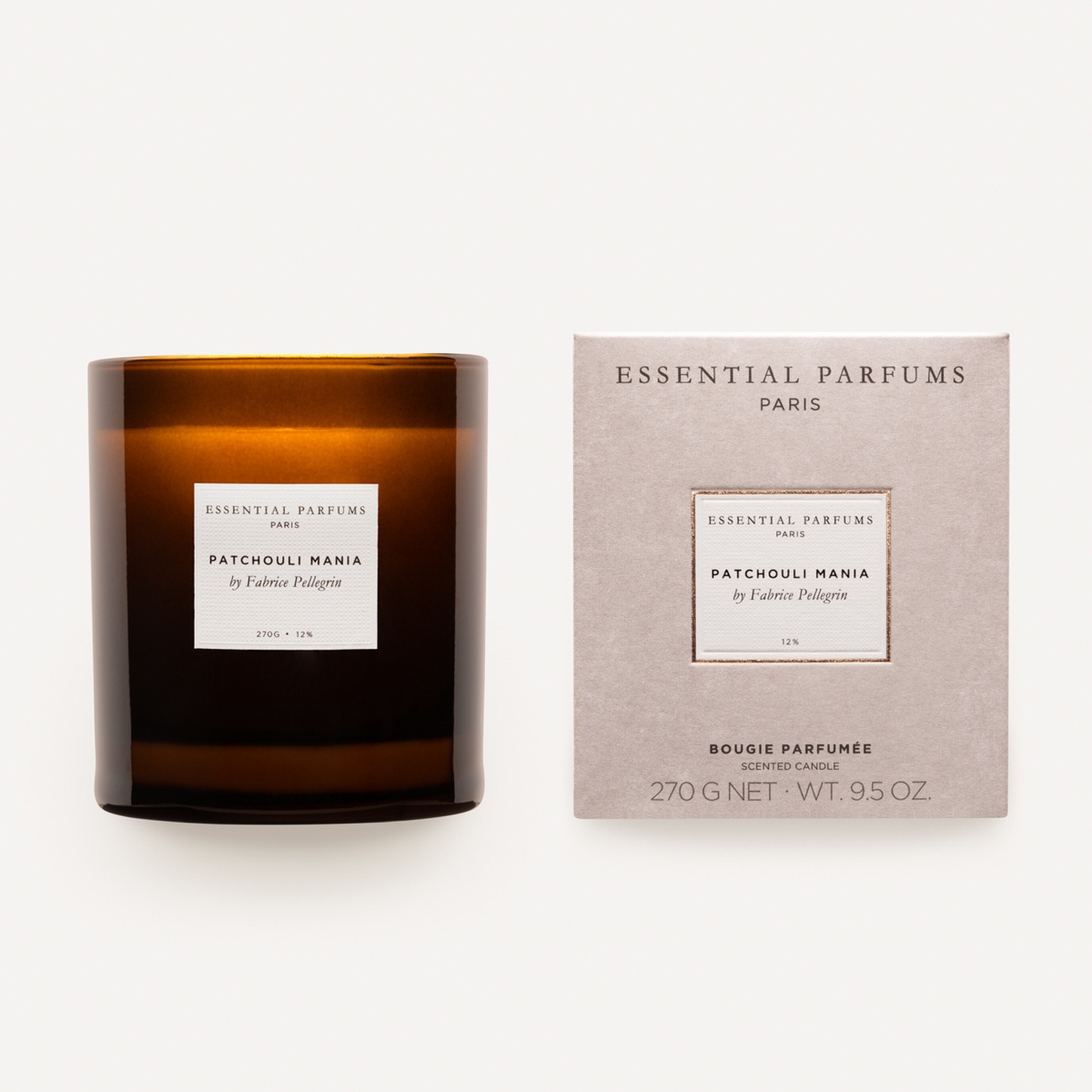 Essential Parfums Patchouli Mania lõhnaküünal 270 g, pruuni klaasi purk pakendiga
