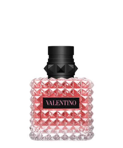 Valentino Donna Born In Roma Eau de Parfum 30 ml roosakaspunane neetidega pudel musta nahkse etiketiga