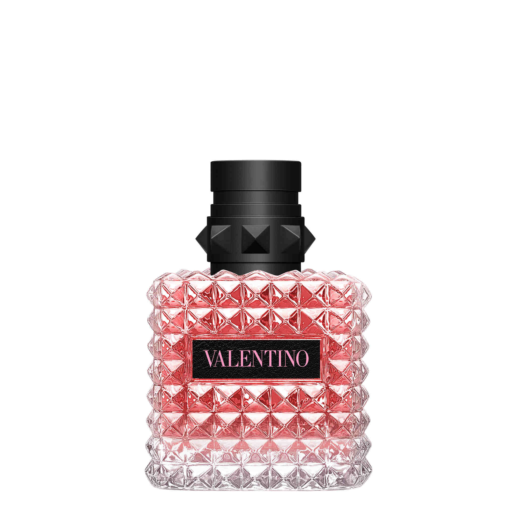 Valentino Donna Born In Roma Eau de Parfum 30 ml roosakaspunane neetidega pudel musta nahkse etiketiga