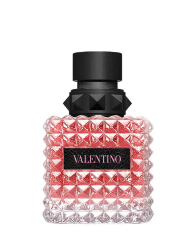 Valentino Donna Born In Roma Eau de Parfum 50 ml roosakaspunane neetidega pudel musta nahkse etiketiga