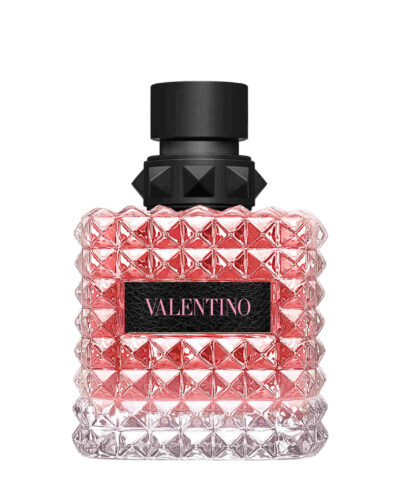 Valentino Donna Born In Roma Eau de Parfum 100 ml roosakaspunane needitud pudel musta nahkse etiketiga