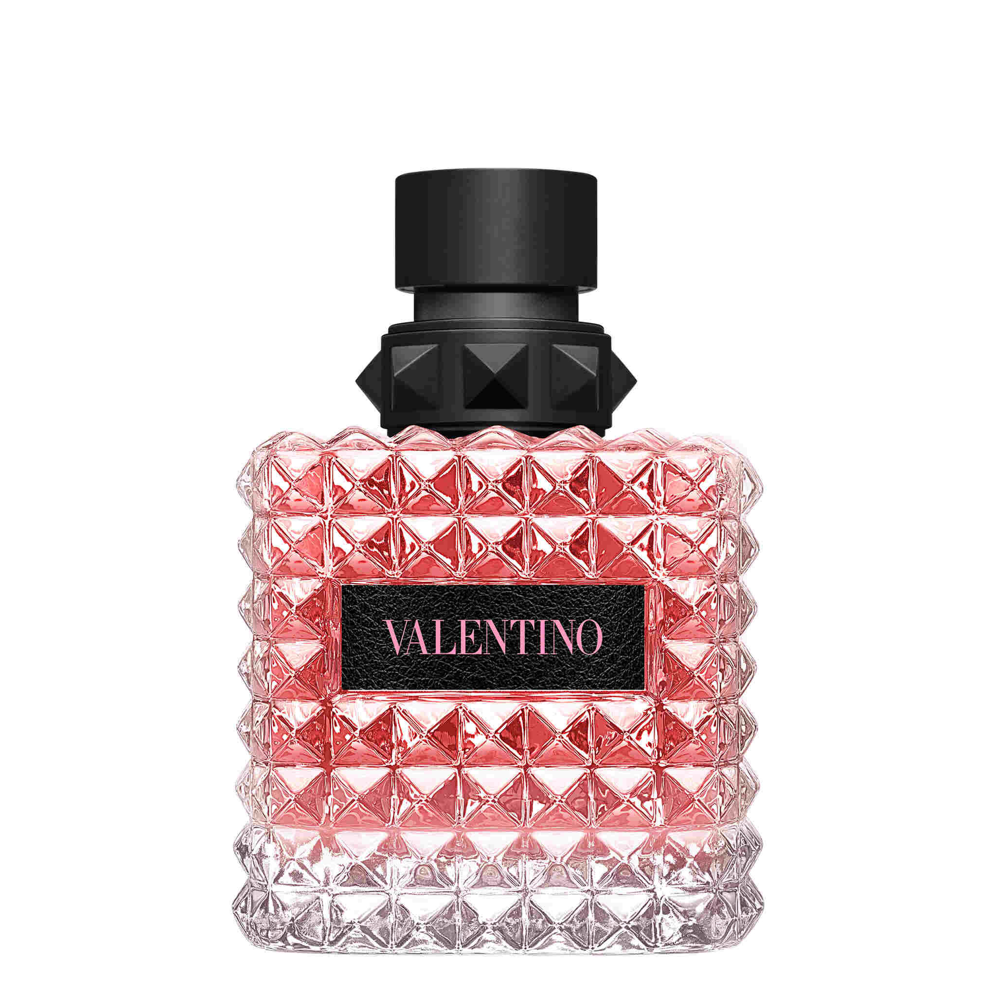 Valentino Donna Born In Roma Eau de Parfum 100 ml roosakaspunane needitud pudel musta nahkse etiketiga
