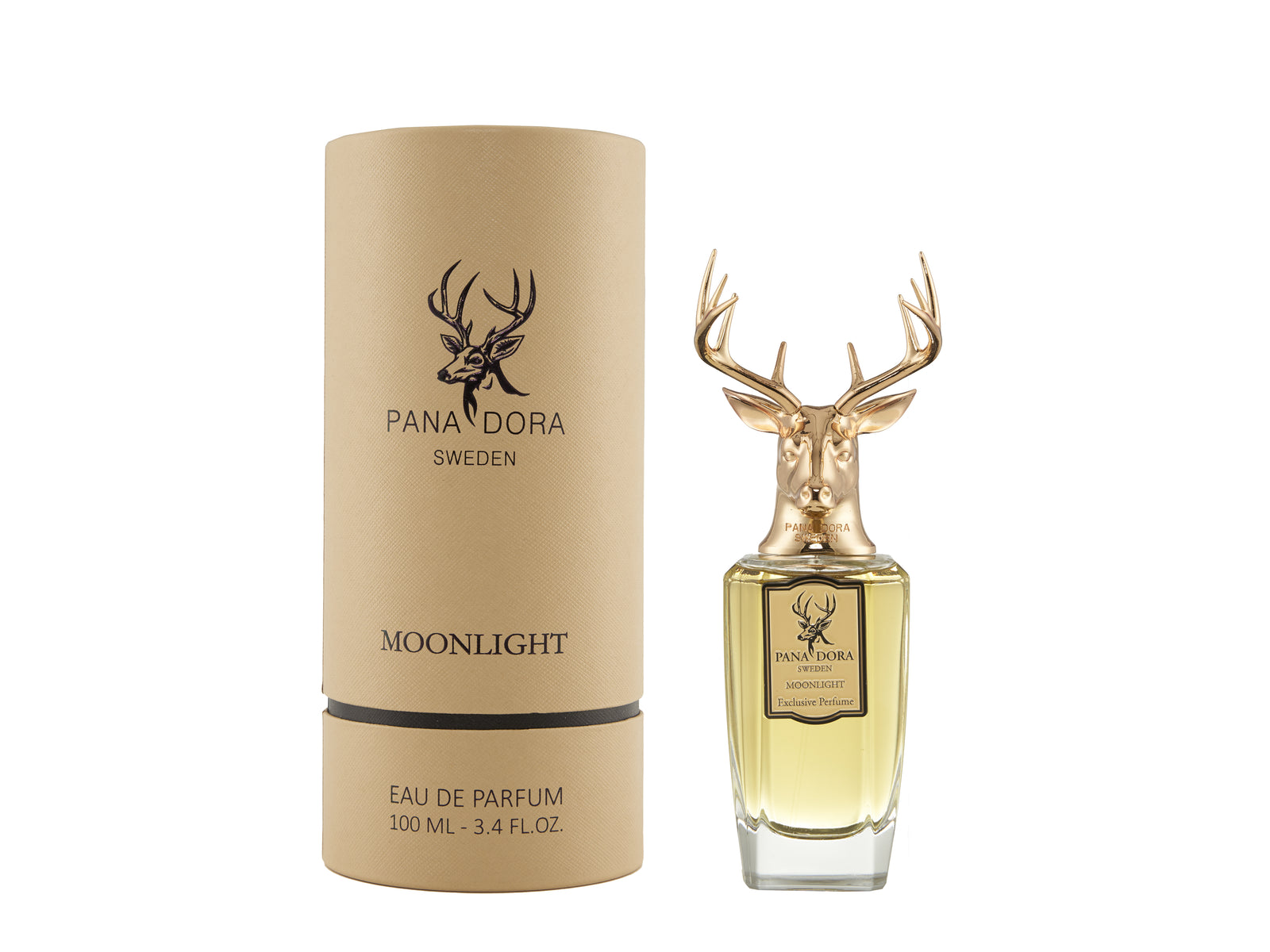 Pana Dora Moonlight Eau de Parfum 100 ml tūba ir buteliukas su elnio galva ant balto fono
