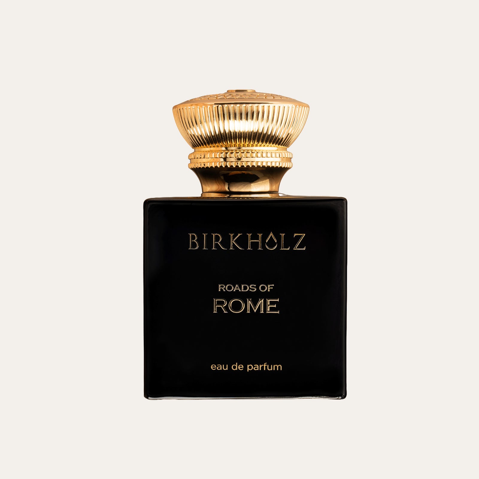 Birkholz Roads of Rome Eau de Parfum 100 ml, juodas blizgus buteliukas su masyviu auksiniu dangteliu