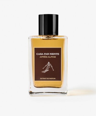 Casa Far Niente Après Alpine Extrait de Parfum 100 ml, skaidrus buteliukas su rudai šokoladine etikete ir juodu dangteliu
