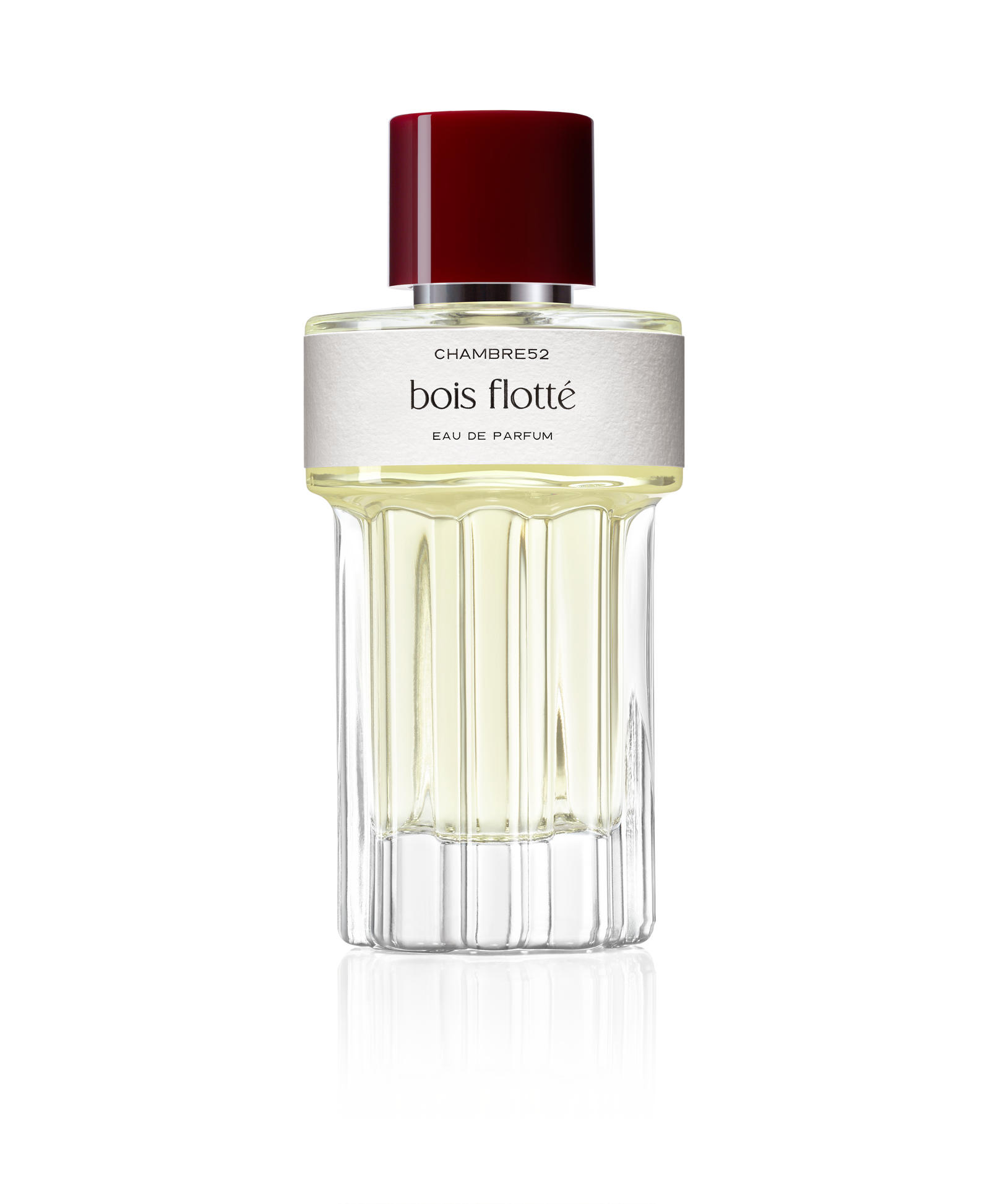Chambre52 Bois Flotté Eau de Parfum 100 ml, briaunuotas stiklo buteliukas su tamsiai raudonu dangteliu