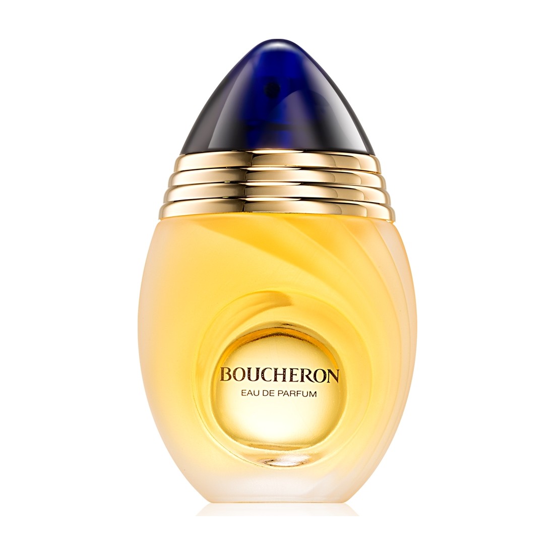 Boucheron Pour Femme Eau de Parfum, apvalus matinio stiklo buteliukas su auksiniais žiedais ir mėlynu dangteliu, 100 ml