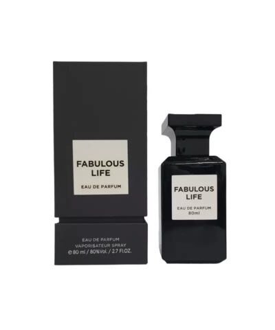 Fragrance World Fabulous Life EDP must pudel valge etiketiga ja must karp
