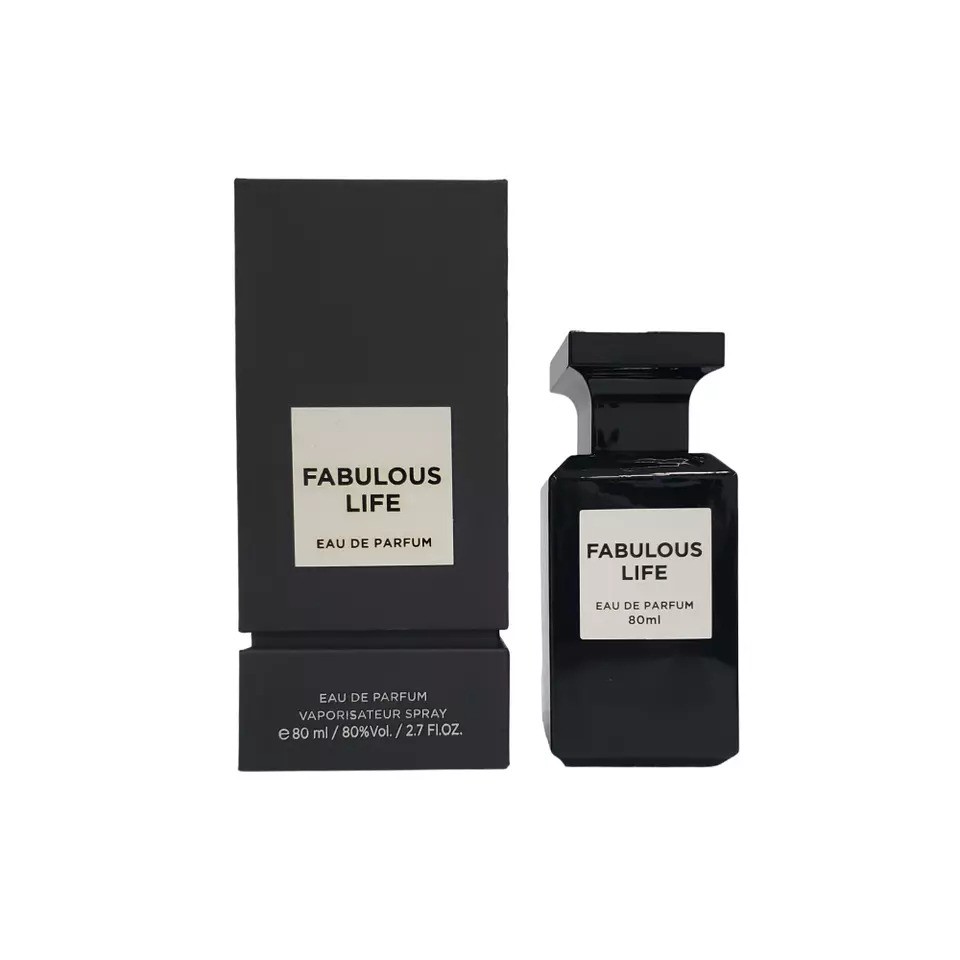 Fragrance World Fabulous Life EDP must pudel valge etiketiga ja must karp