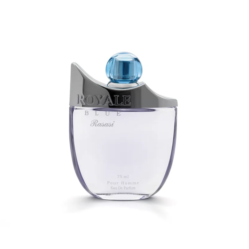 Rasasi Royale Blue EDP 75 ml buteliukas su mėlynu kamšteliu ant balto fono