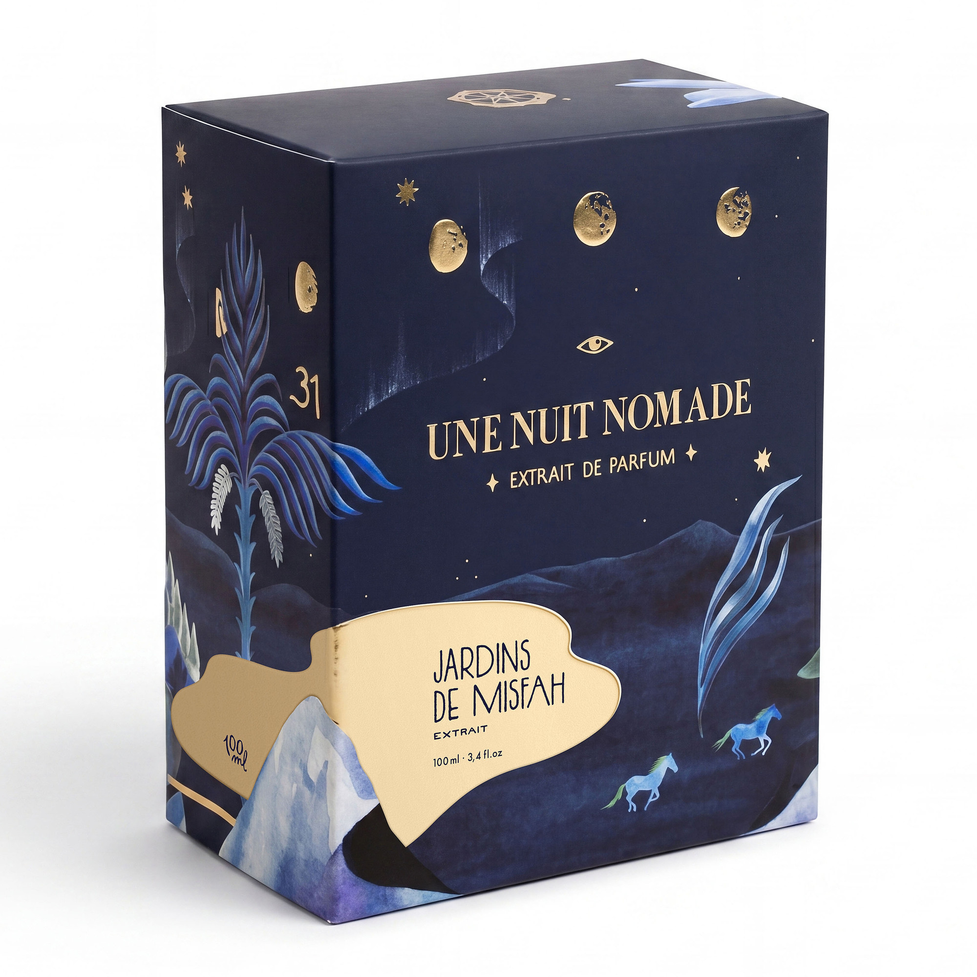 Une Nuit Nomade Jardins de Misfah Extrait de Parfum 100 ml iliustruota dėžutė su mėnulio fazėmis