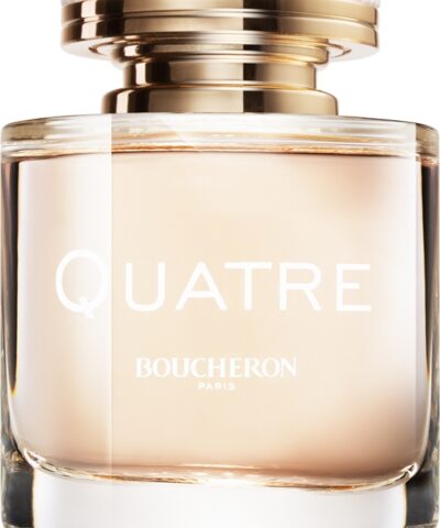 Boucheron Quatre pour Femme Eau de Parfum, skaidrus buteliukas su persikiniu skysčiu ir aukso bei baltos keramikos dangteliu, 50 ml