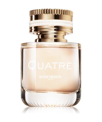 Boucheron Quatre pour Femme Eau de Parfum, skaidrus buteliukas su persikiniu skysčiu ir aukso bei baltos keramikos dangteliu, 30 ml