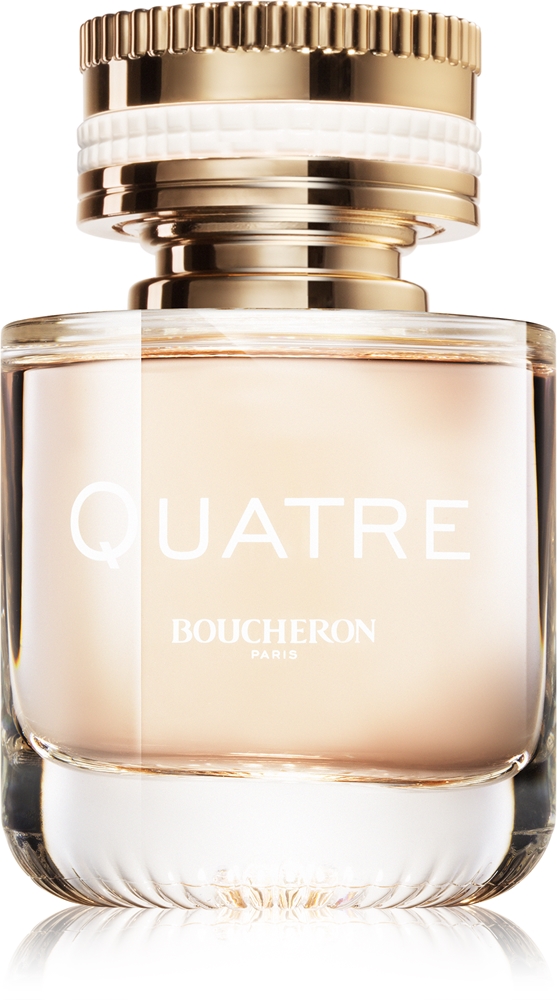 Boucheron Quatre pour Femme Eau de Parfum, skaidrus buteliukas su persikiniu skysčiu ir aukso bei baltos keramikos dangteliu, 30 ml