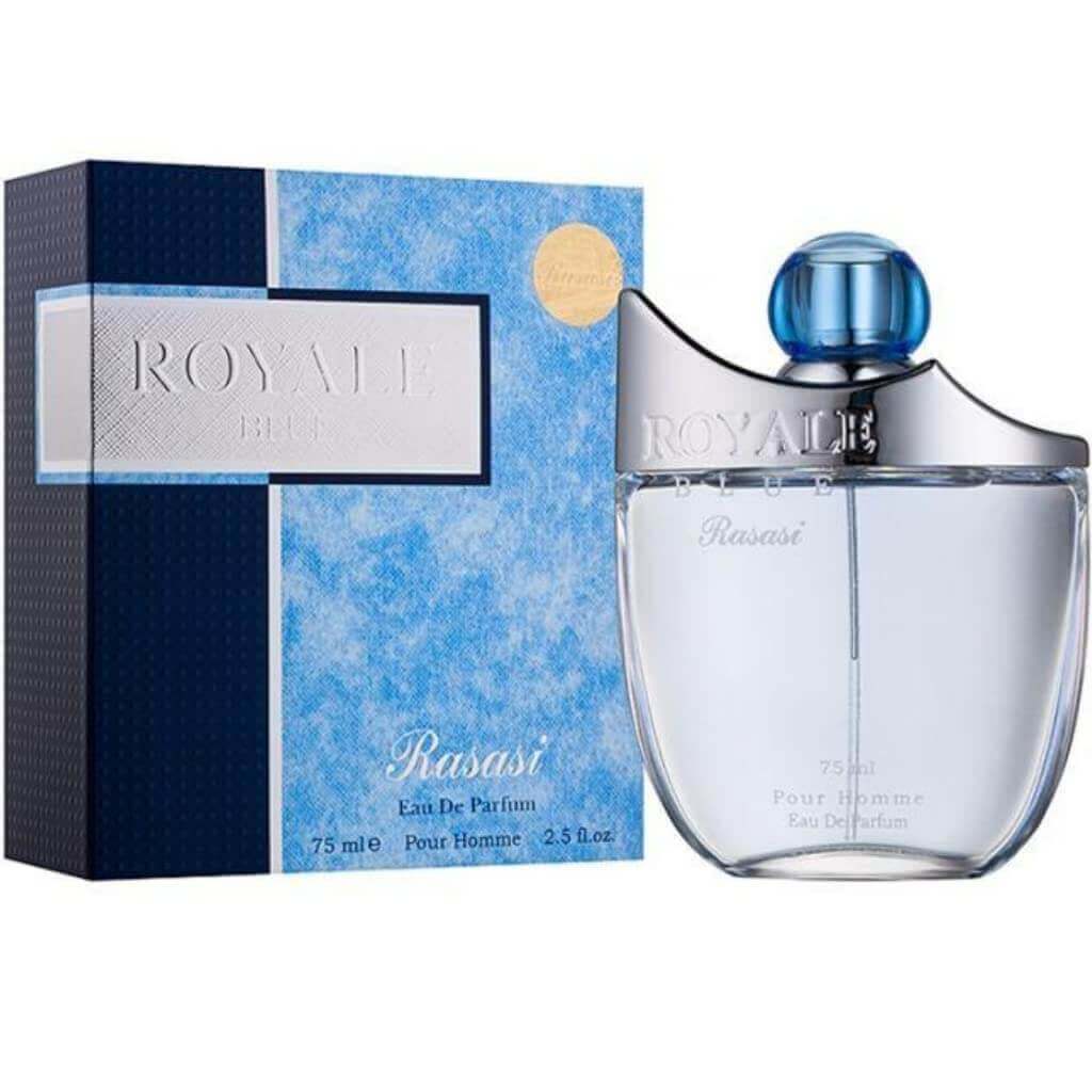 Rasasi Royale Blue EDP 75 ml dėžutė ir buteliukas