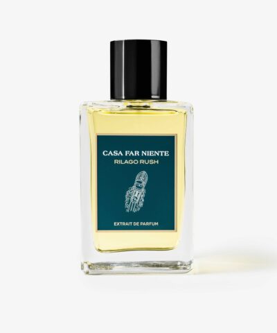 Casa Far Niente Rilago Rush Extrait de Parfum 100 ml, skaidrus buteliukas su žalsvai mėlyna etikete ir juodu dangteliu