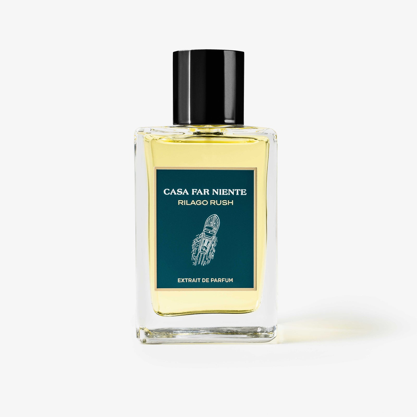 Casa Far Niente Rilago Rush Extrait de Parfum 100 ml, skaidrus buteliukas su žalsvai mėlyna etikete ir juodu dangteliu