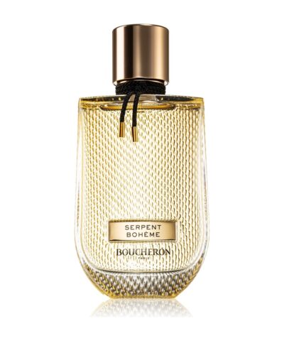 Boucheron Serpent Bohème Eau de Parfum, auksinis buteliukas su gyvatės žvynų raštu ir juoda pinta virvele, 50 ml