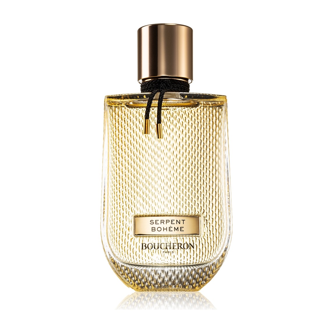 Boucheron Serpent Bohème Eau de Parfum, auksinis buteliukas su gyvatės žvynų raštu ir juoda pinta virvele, 90 ml