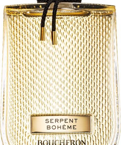 Boucheron Serpent Bohème Eau de Parfum, auksinis buteliukas su gyvatės žvynų raštu ir juoda pinta virvele, 30 ml