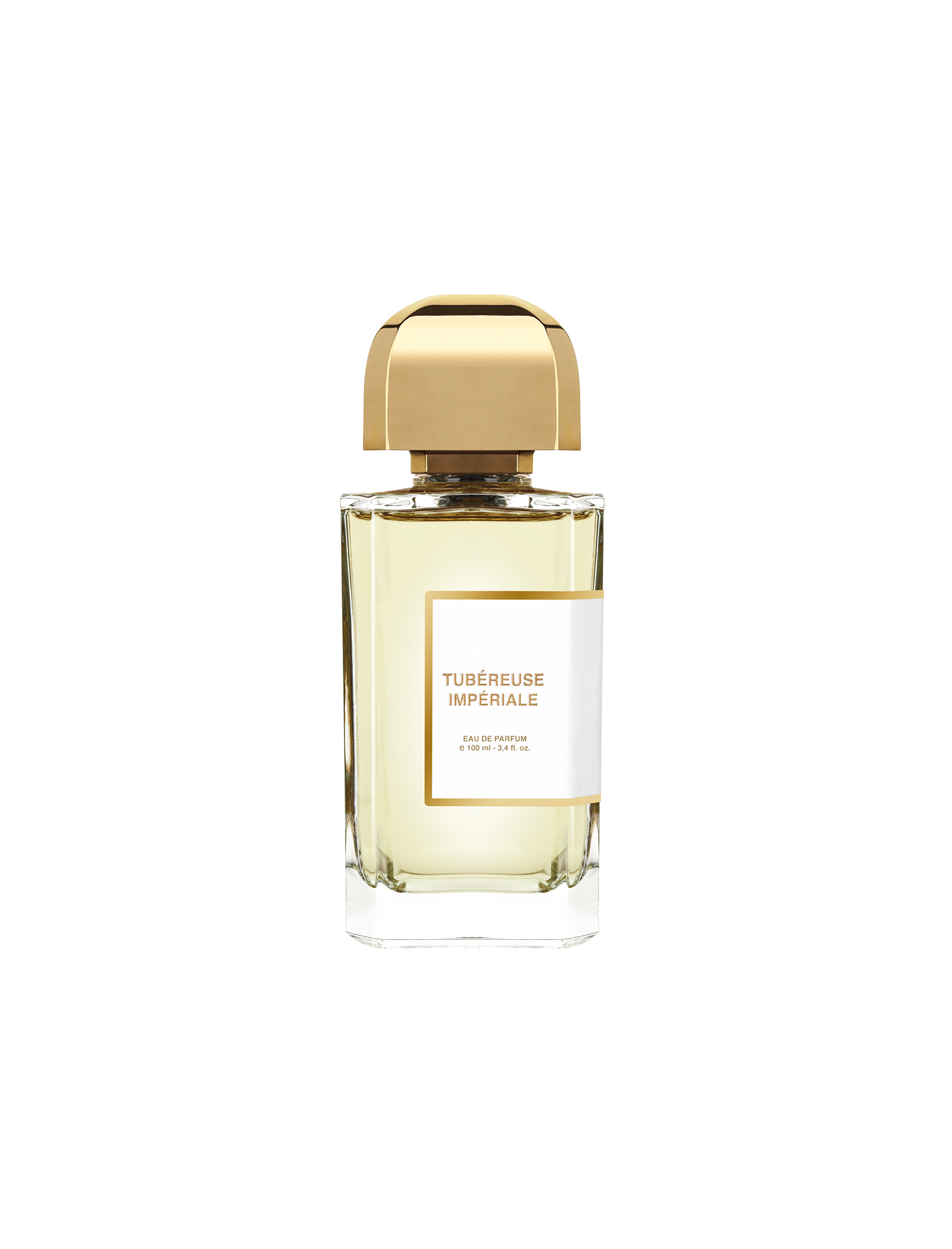 BDK Parfums Tubéreuse Impériale Eau de Parfum 100 ml, skaidrus buteliukas su auksine kepurėle ir auksiniu etiketės rėmeliu