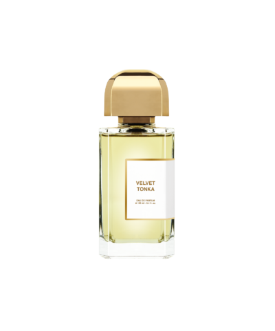 BDK Parfums Velvet Tonka Eau de Parfum 100 ml, skaidrus buteliukas su gintariniu skysčiu ir auksine kepurėle