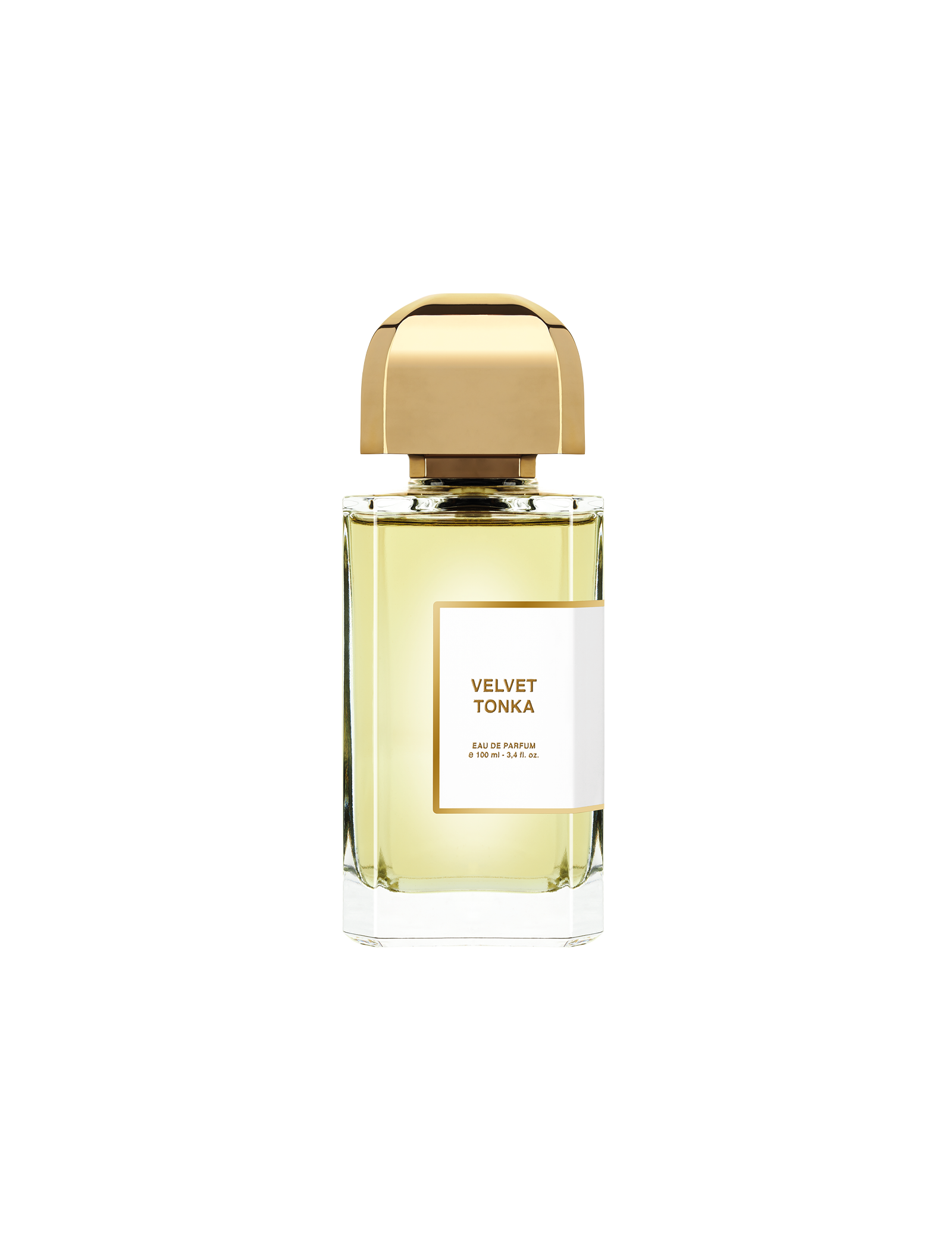 BDK Parfums Velvet Tonka Eau de Parfum 100 ml, skaidrus buteliukas su gintariniu skysčiu ir auksine kepurėle