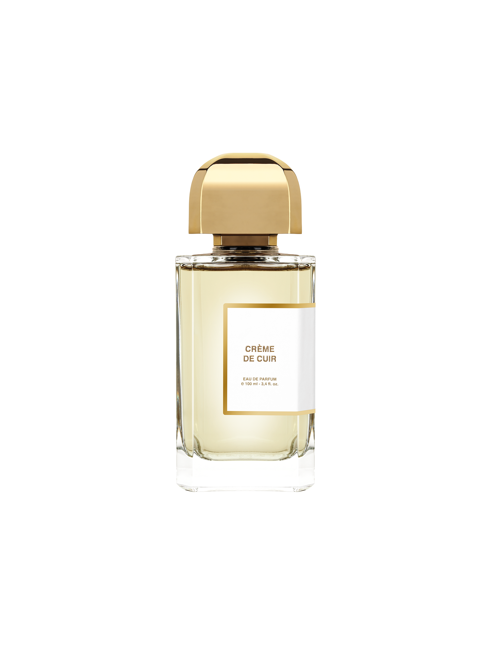 BDK Parfums Crème de Cuir Eau de Parfum 100 ml, skaidrus buteliukas su auksine kepurėle ir auksiniu etiketės rėmeliu